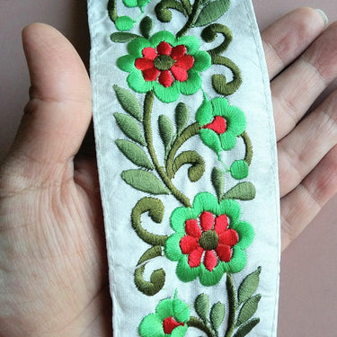 Beige Fabric Trim With Green And Red Floral Embroidery, 56mm wide